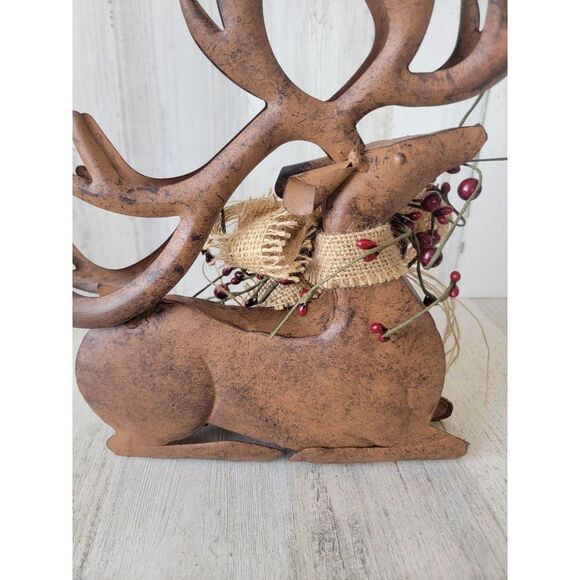 Rustic metal sitting reindeer mistletoe bow home decor Xmas bell - Picture 7 of 10
